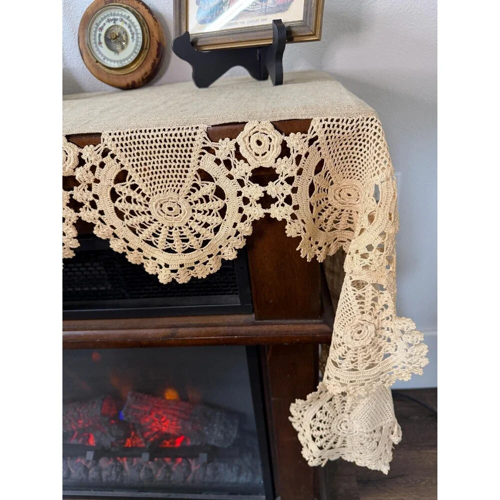 Vintage Crochet Table Runner, 75 Inch Floral Lace Dresser Scarf